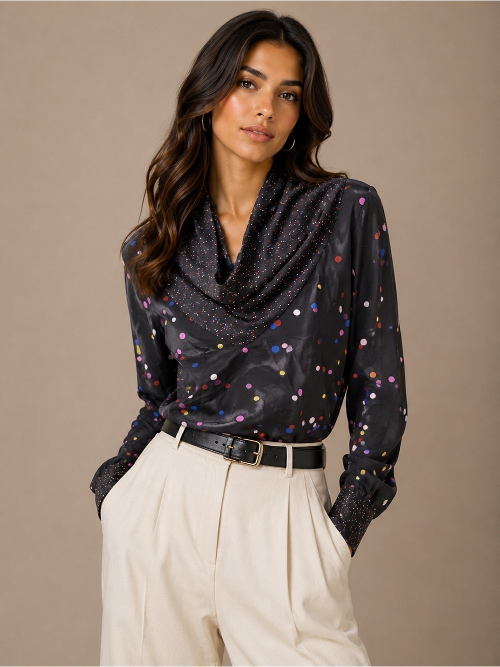 Topshop 100% Silk Polka Dot Cowl Neck Black Multicolor Tie Sleeve Blouse US 4